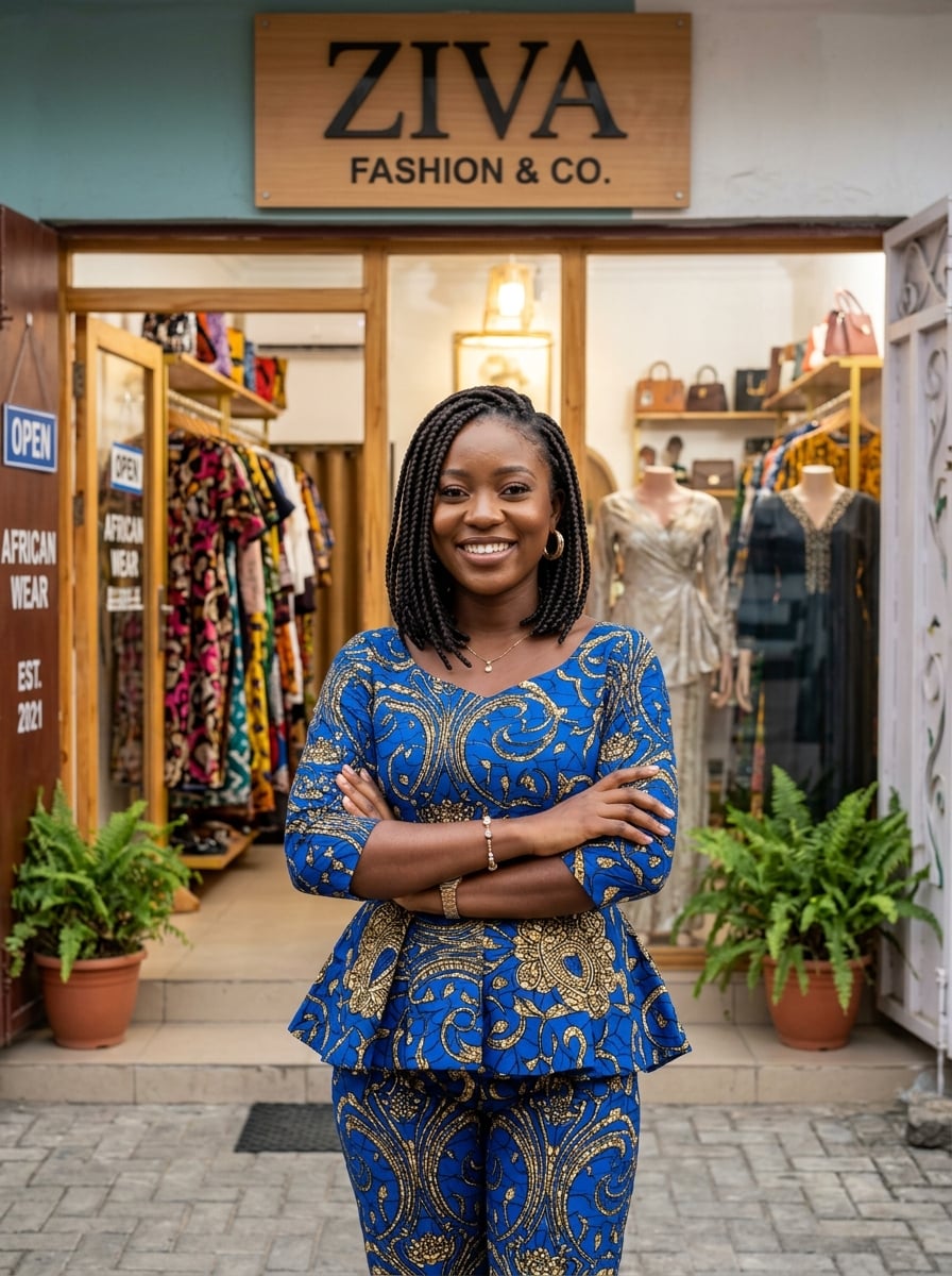 Proud Nigerian business owner standing confidently in front of her fashion boutique