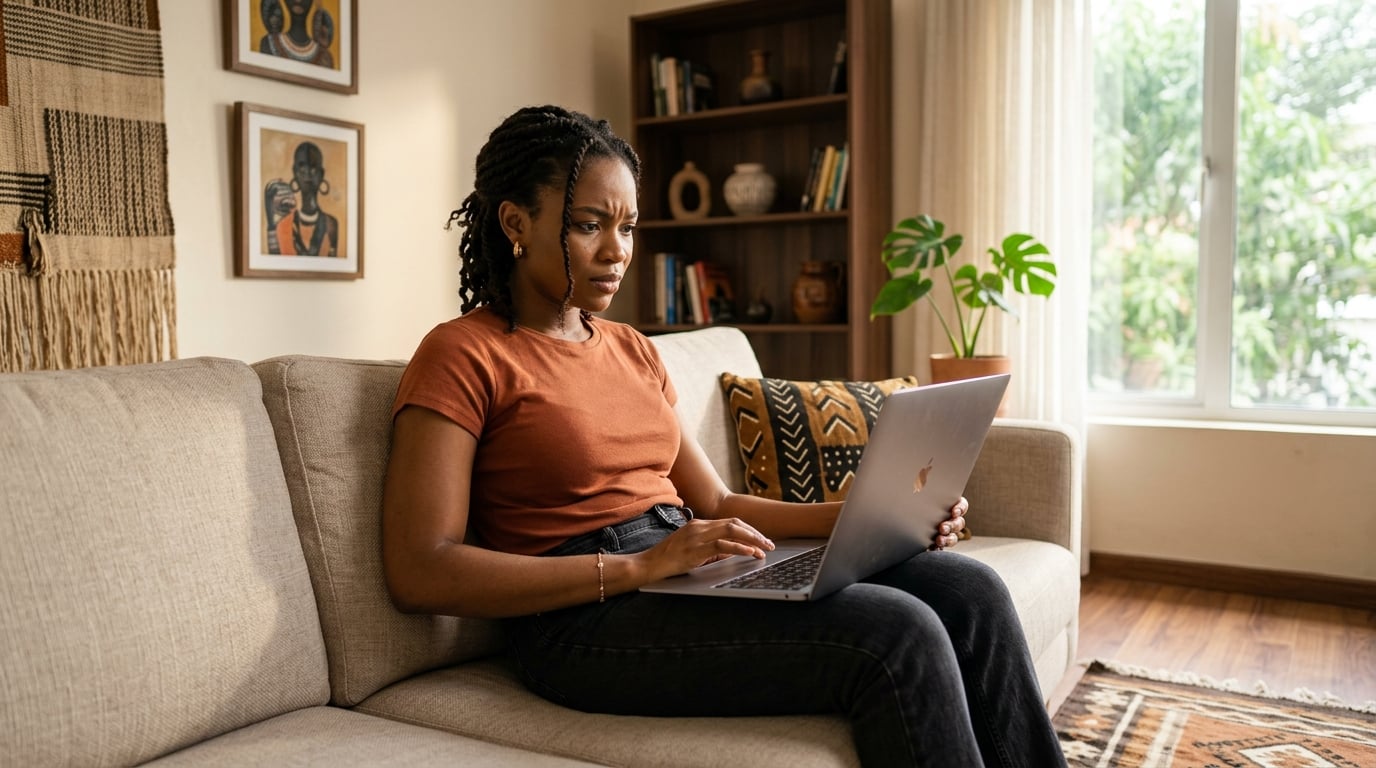 Nigerian woman shopping online, cautiously checking vendor reviews before making a purchase