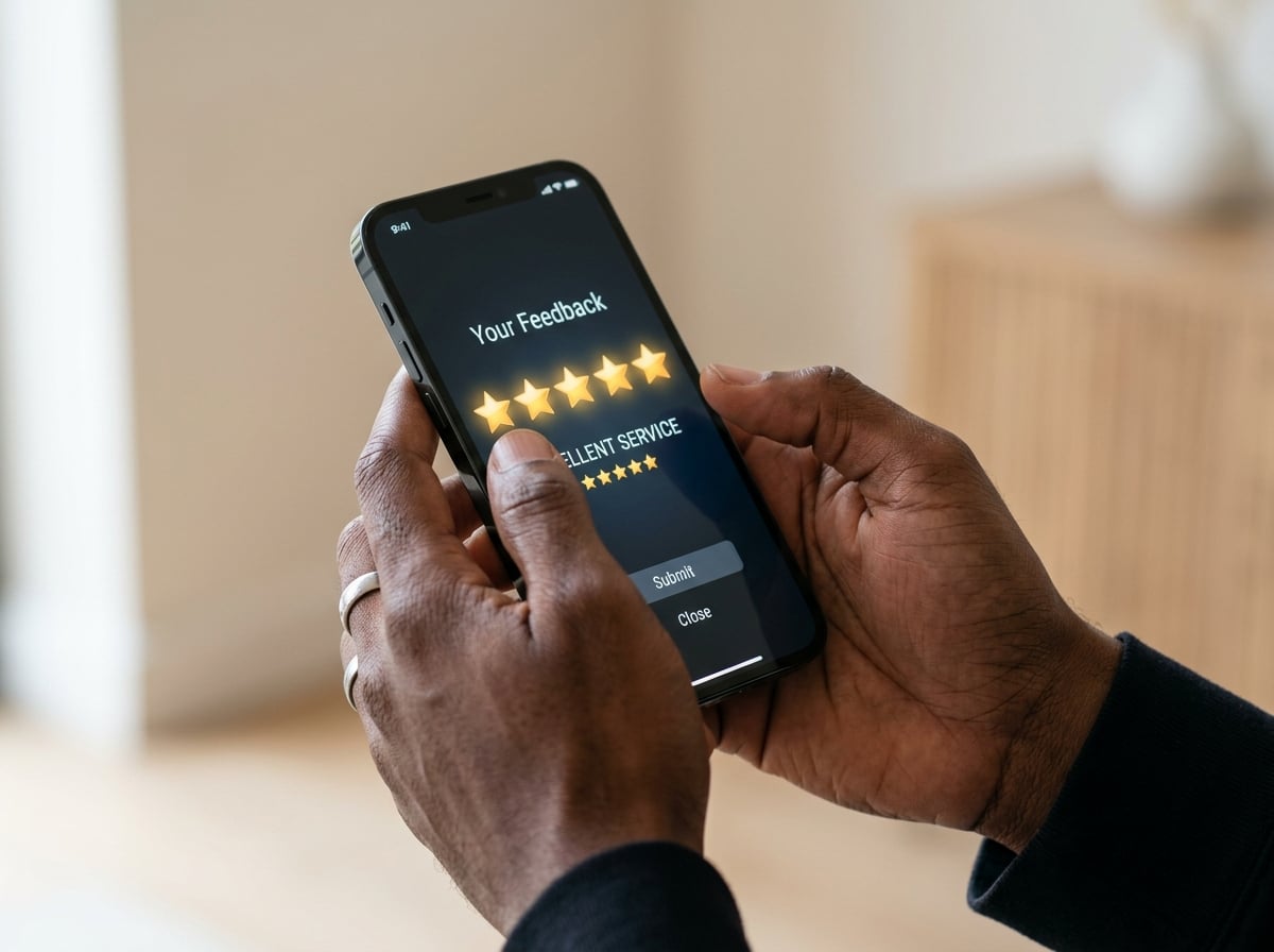 Person checking verified star ratings and reviews on their smartphone